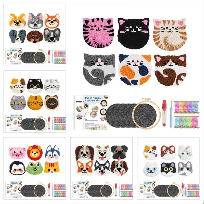 GATYZTORY 6Pcs Dog Pattern Punch Needle Coasters Kit for Beginner Punch Needle Poke Embroidery Set with Tufted Rug Pads Crafts