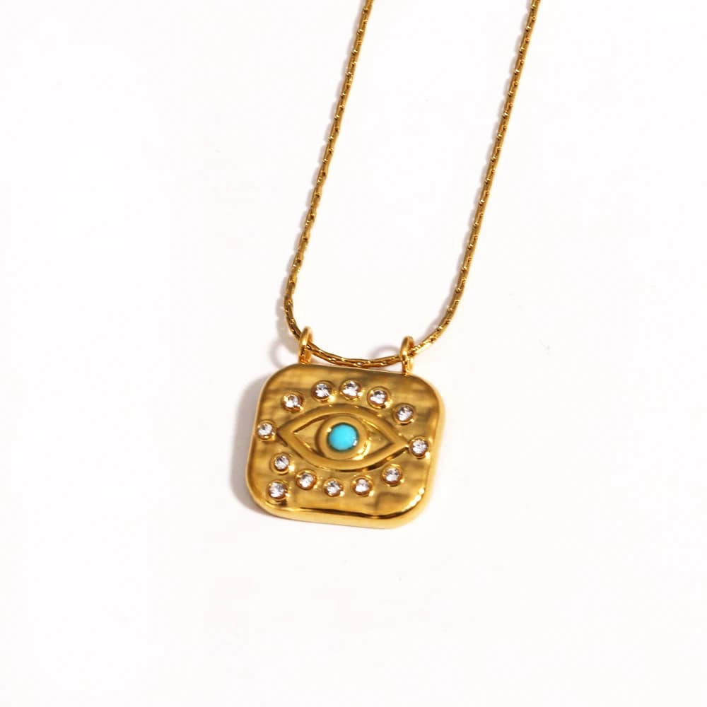 Waterproof 18K Gold Plated Stainless Steel Natural Stone Eye Bead Square Pendant Necklace For Women Charm Daily Party Jewellery