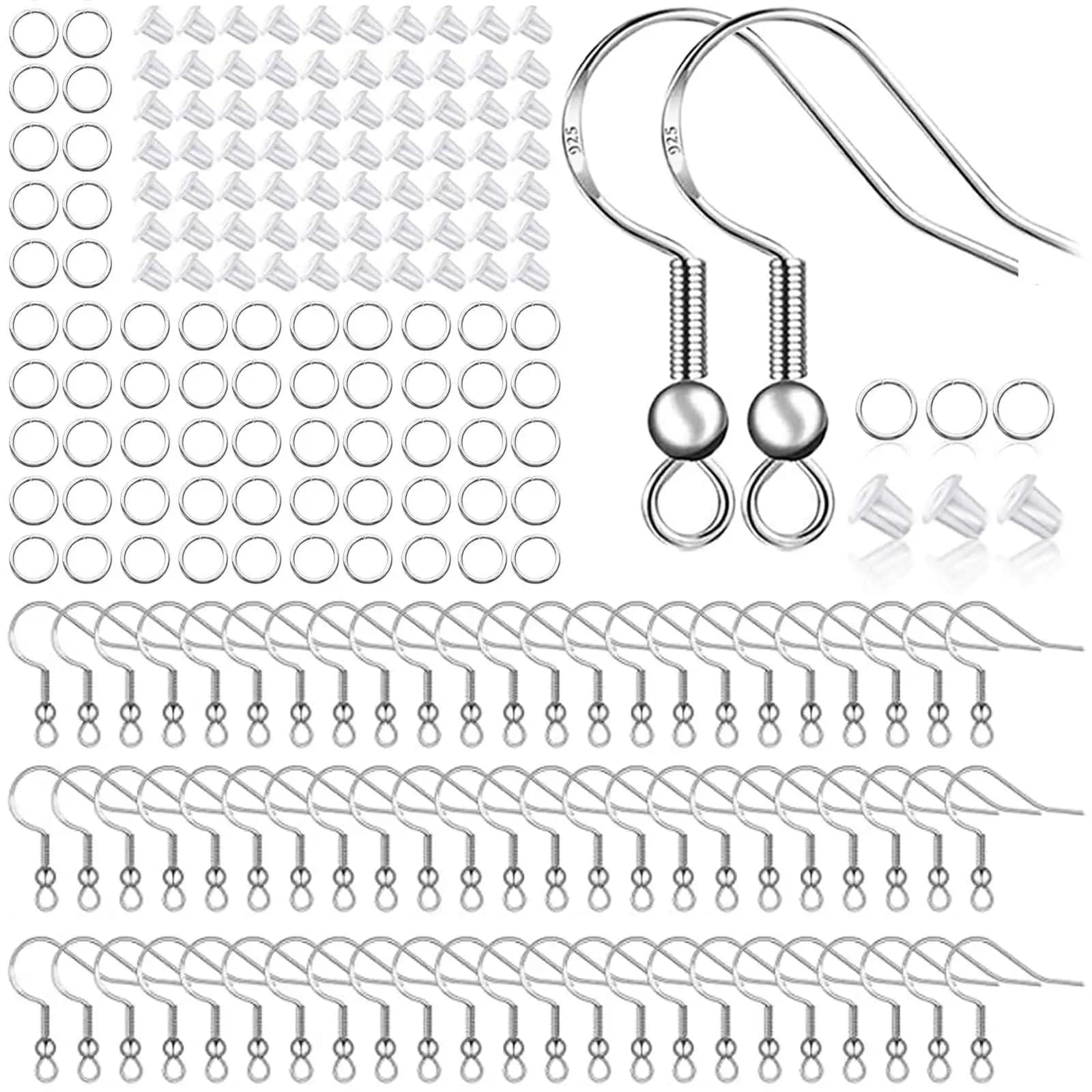 Kit per Creazione Orecchini Ipoallergenici da 400 Pezzi, Ganci per Orecchini in Argento 925, Anelli a Goccia, Chiusure in Silicone Trasparente