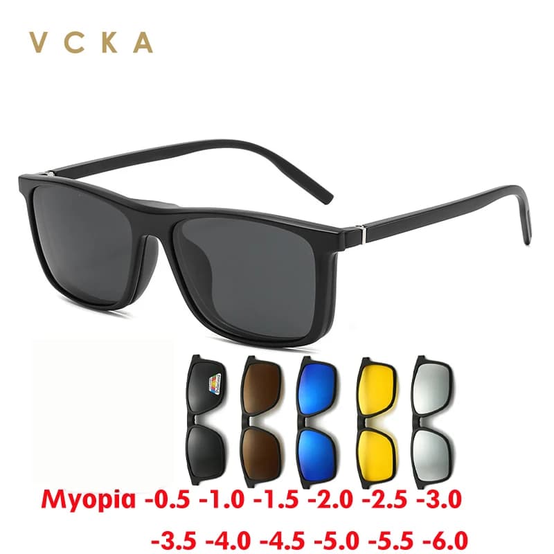 VCKA 6 in 1 Myopia Sunglasses 2025 NEW Magnetic Clip Polarized Men Women Square Eyewear Optics Custom Glasses Frame -0.5 TO -10