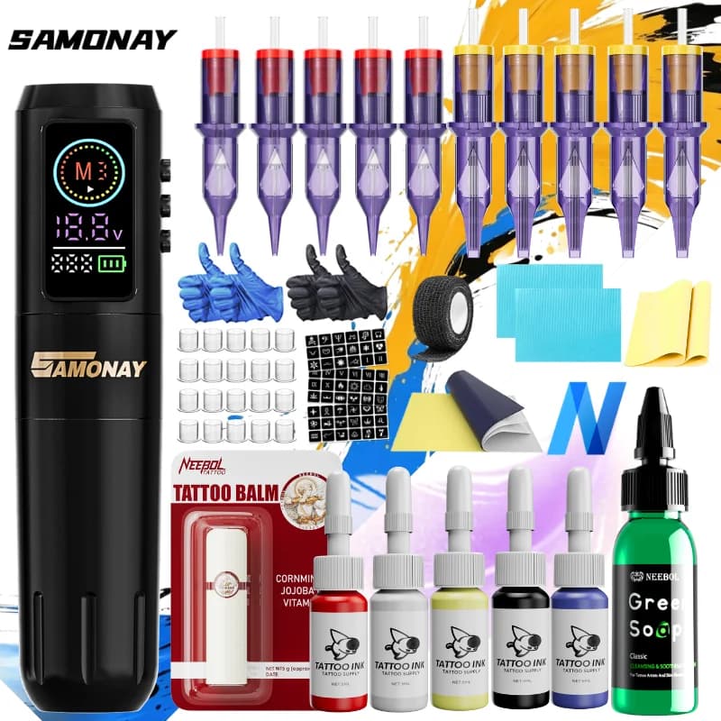 SAMONAY Wireless Tattoo Pen, Tattoo Machine Kit Complete Gift Sold Separately, Digital LED Color Display, 4 Memory Modes, 10 Needles, Portable Design, Tattoo inks, Cordless Tattoo Gun Tattoo Equipment For Beginners & Artists, Body Art Makeup Gift