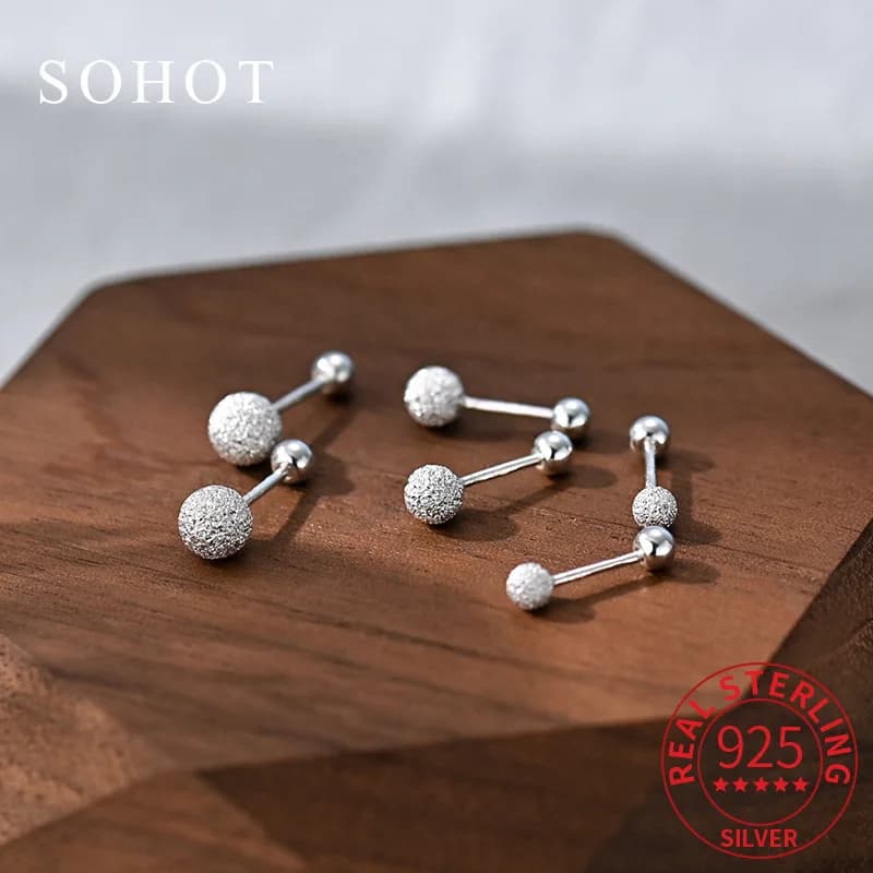 Real 925 Sterling Silver Minimalist Round Bead Stud Earrings for Women Exquisite Fine Jewelry Piercing Screw Bead Accessories