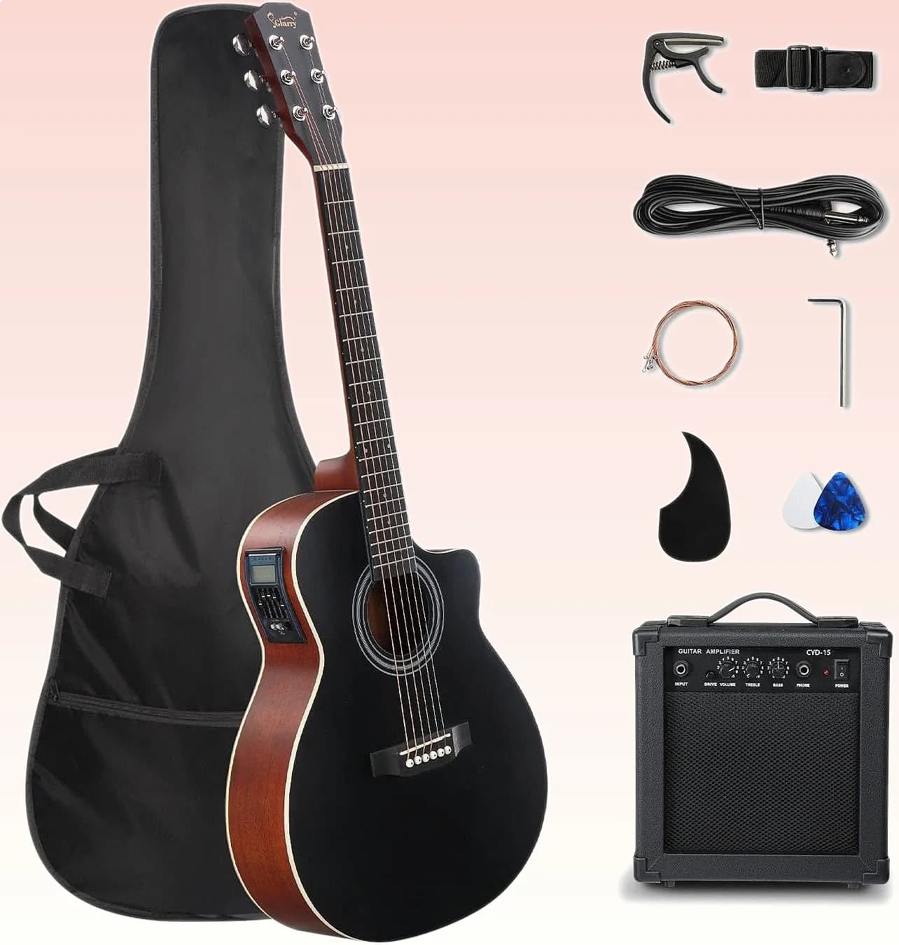 GLARRY 36in Acoustic Electric Guitar Beginner Kit with 15W Amp, Bag, Picks, Strap - Black