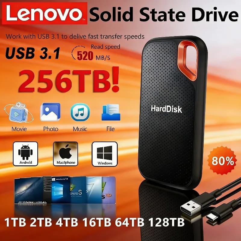 Disco Rigido Esterno Lenovo E60 USB 3.1 da 2TB, 6TB, 8TB, 256TB, SSD Mobile per Laptop, PS5, Dispositivi di Archiviazione HDD