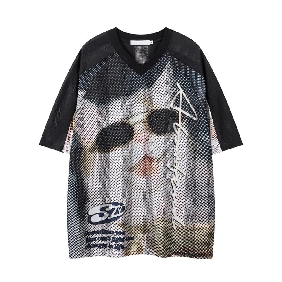 T-shirt da uomo in jersey Y2K Streetwear Cat Print Mesh Sport Tshirt Hip Hop Oversize Harajuku Casual Manica corta Tees Top Uomo
