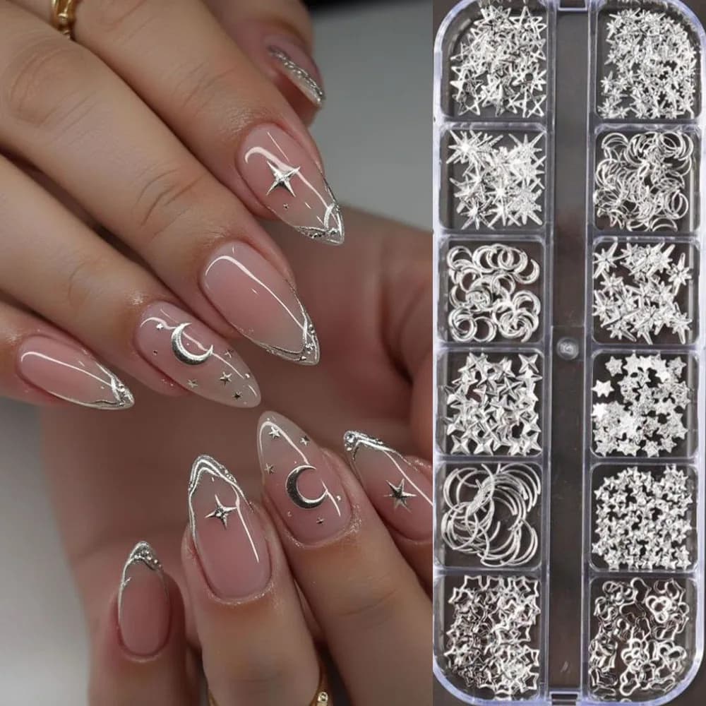12Grids Mixed 3D Silver Star Moon Metallic Nail Rivet Studs Y2K Shiny Starlight Cross Heart Nail Art Charms Manicure Metal Rivet