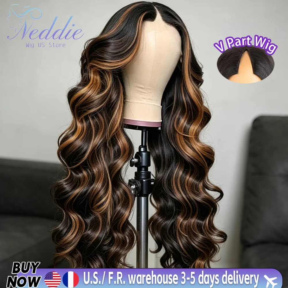 Body Wave 1B30 Highlight V Part Wig Human Hair 200 Density Brazilian Loose Body Wave V Shape Clip In Half Wigs No Leave Out No Sew In