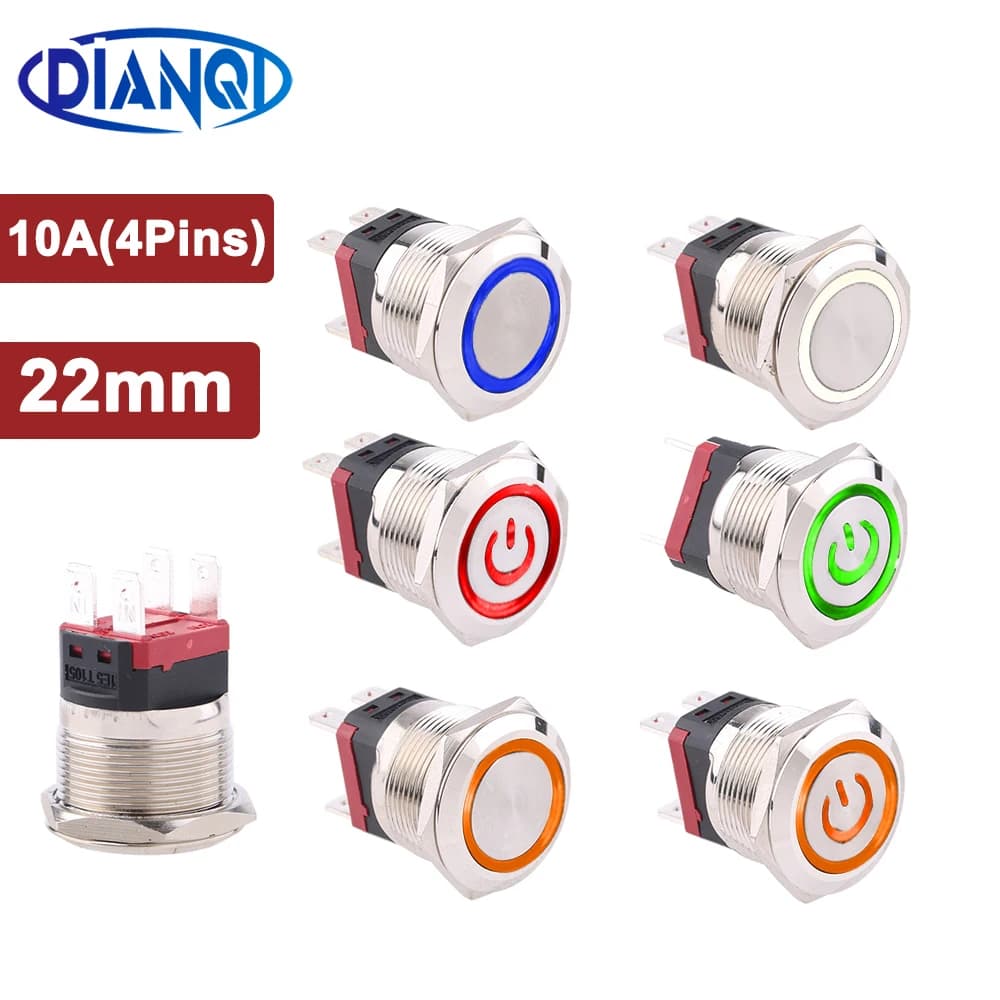 Interruttori a pulsante in metallo impermeabili da 22 mm, 12V 220V 6V, con auto-reset e auto-blocco, 2NO 4 pin 10A 250VAC per PC fai da te