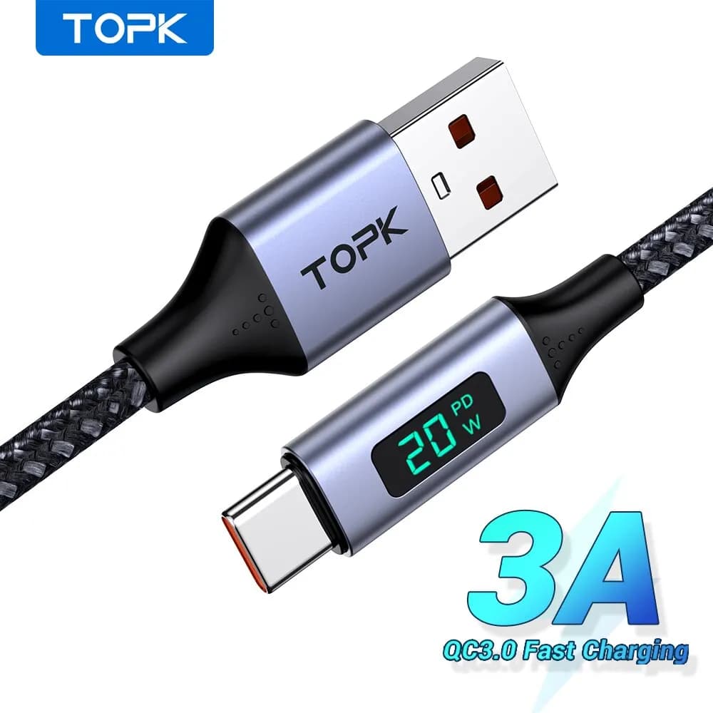 USB USB cable TOPK USB cable type C 3A for Samsung Xiaomi fast charging USB C with mobile phone cable with digital display
