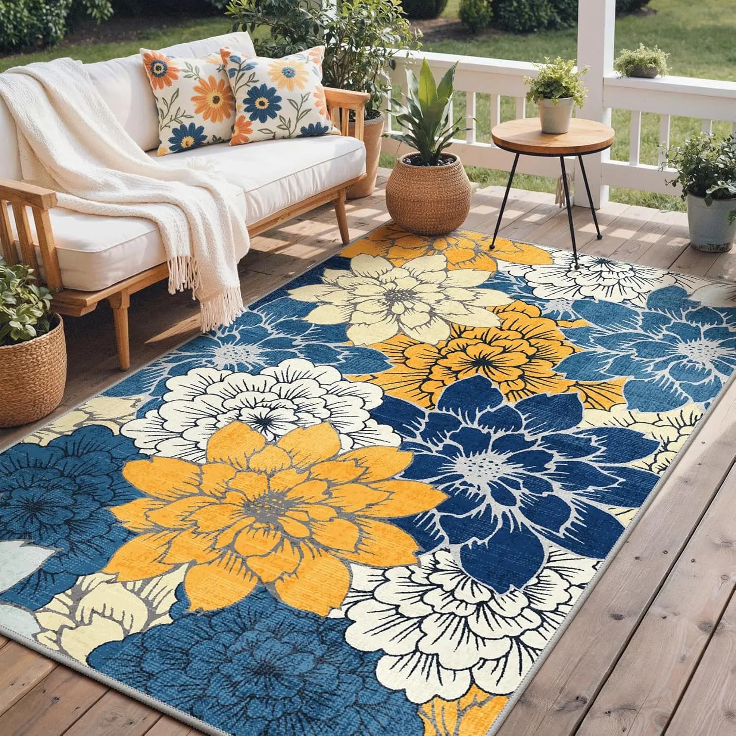 Tappeto per Interni ed Esterni 5x8 piedi, Lavabile in Lavatrice, Motivo Floreale per Patio, Antiscivolo, Impermeabile, Facile da Pulire, Blu Navy