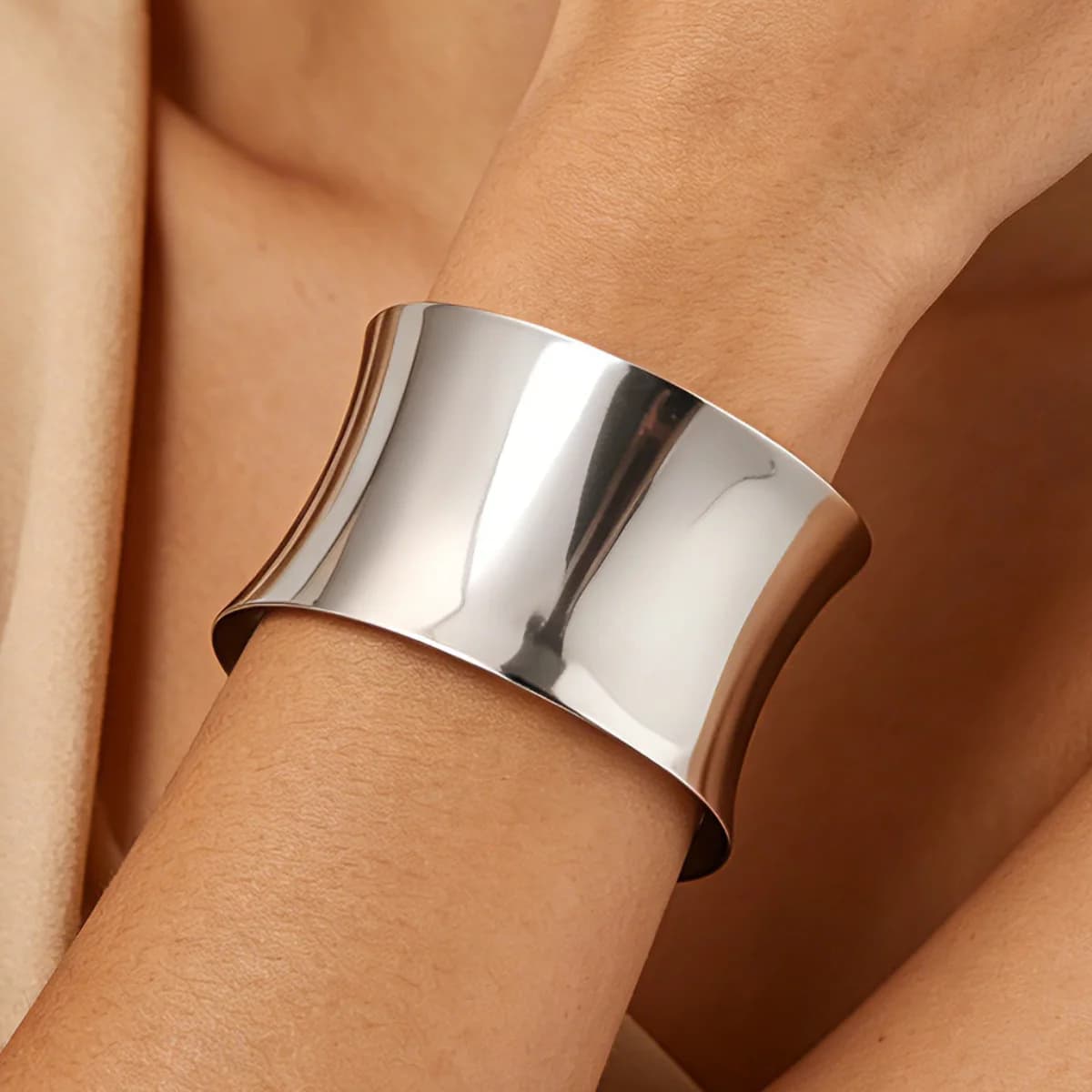 Polished Silver Color Wide Cuff Bangle Bracelet Stainless Steel Open Adjustable Fashion Jewelry for Women