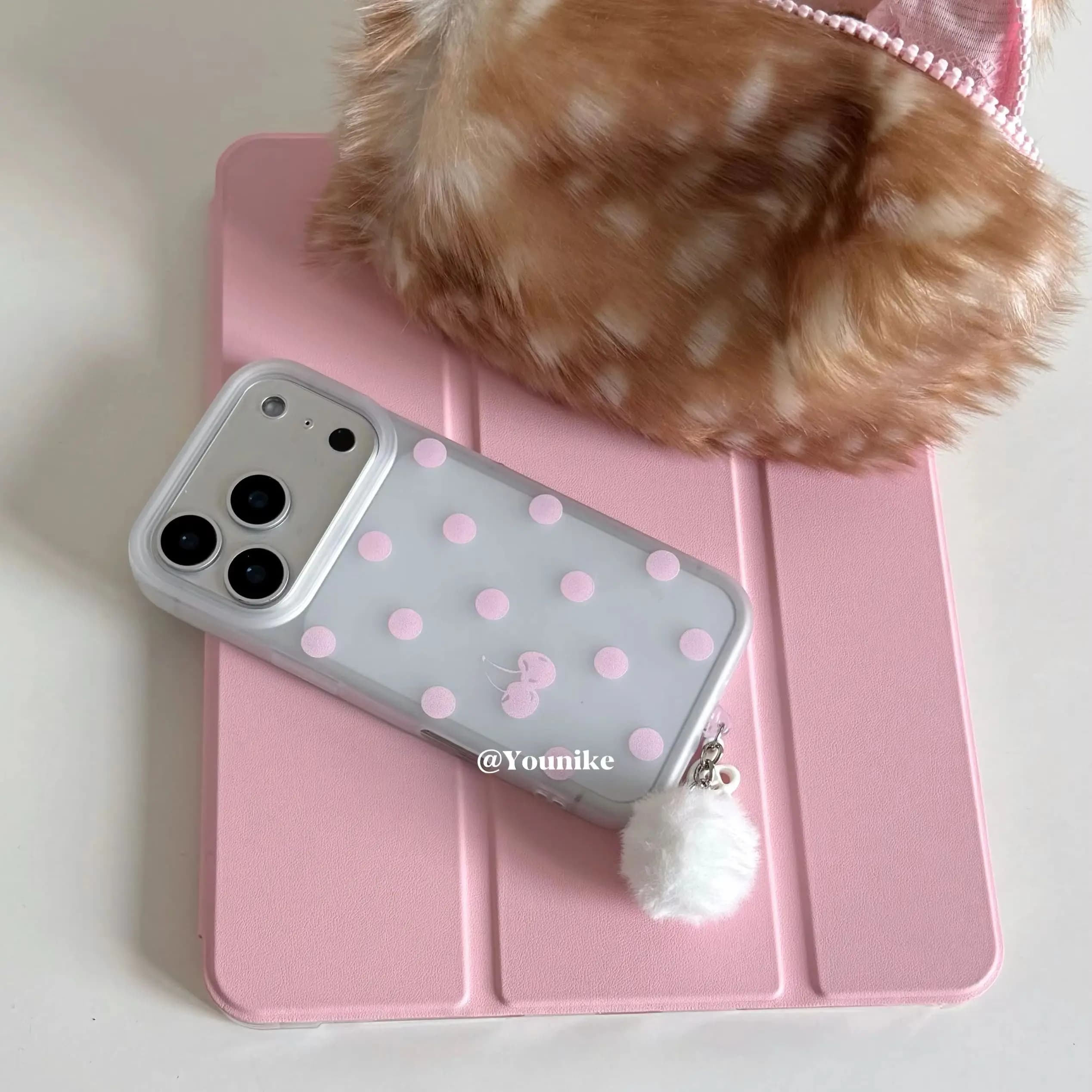 Custodia Protettiva Coreana a Schermo Intero con Pois Rosa per iPhone 17 AIR 16 15 14 13 12 11 ProMax 15 14Plus, Cover Y2K Kawaii