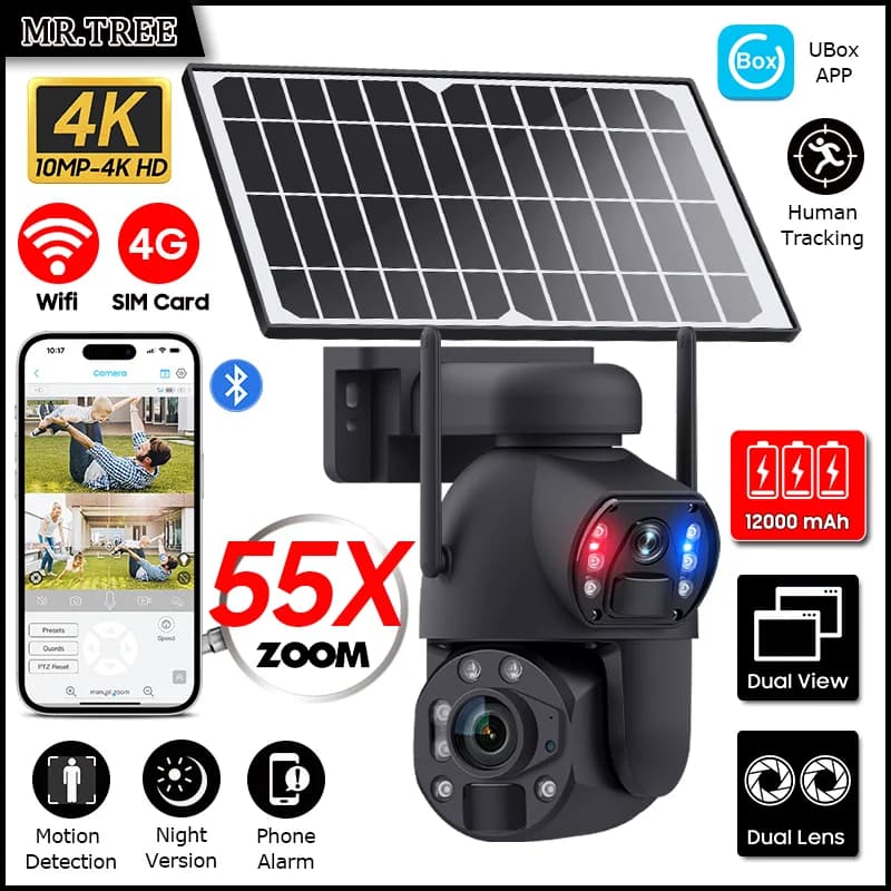 55X Zoom Home Outdoor Wifi Sorveglianza Telecamere solari 10MP 4G SIM Protezione di sicurezza PTZ Rilevazione umana Tracciamento CCTV IP Cam