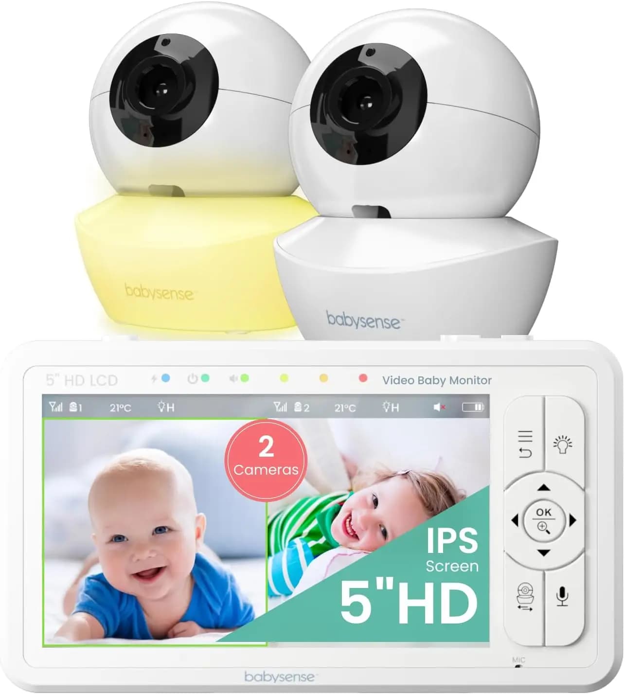 Monitor per Bambini HD da 5 Pollici con Schermo Diviso, 2 Telecamere, Visione Notturna, Audio Bidirezionale, Portata di 300 Metri e Lunga Durata della Batteria