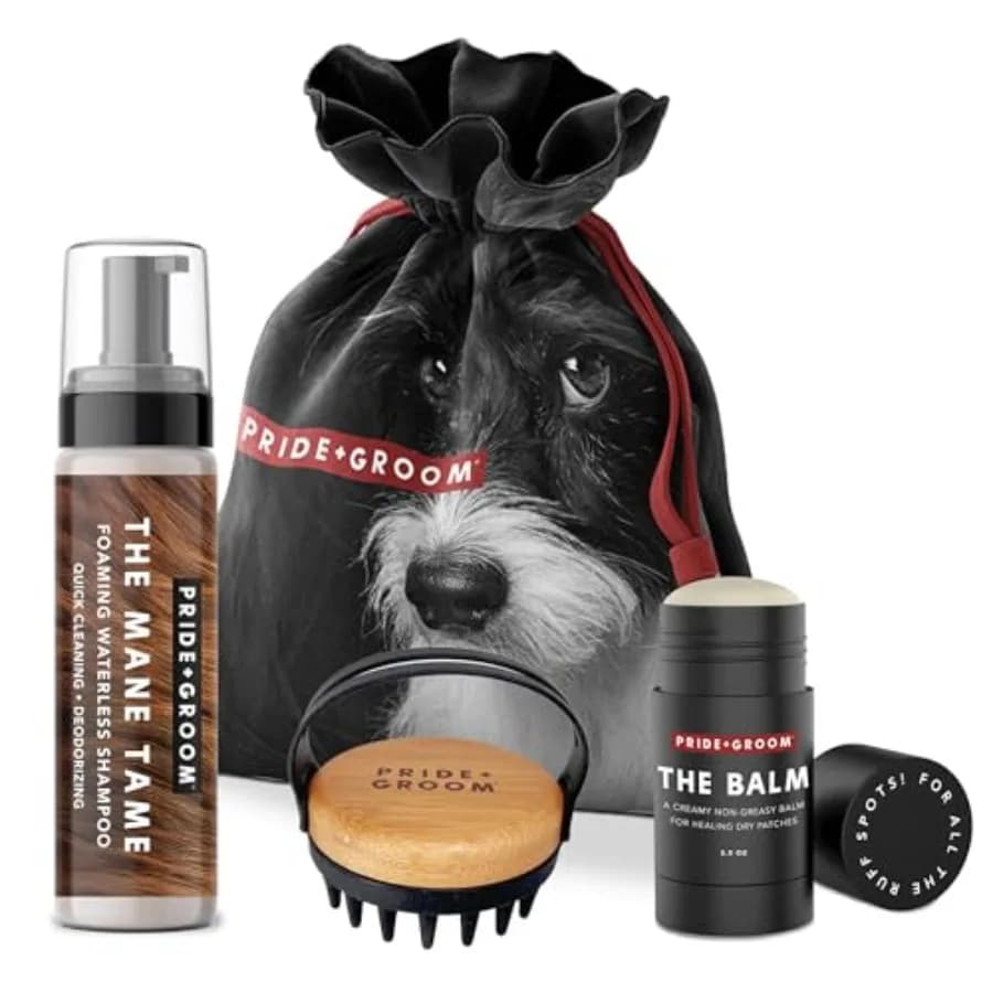 Set Regalo per la Toelettatura del Cane con Shampoo Schiumogeno Senza Acqua 7.1oz, Balsamo Idratante 2.5oz e Spazzola Versatile per Pulizia e Idratazione