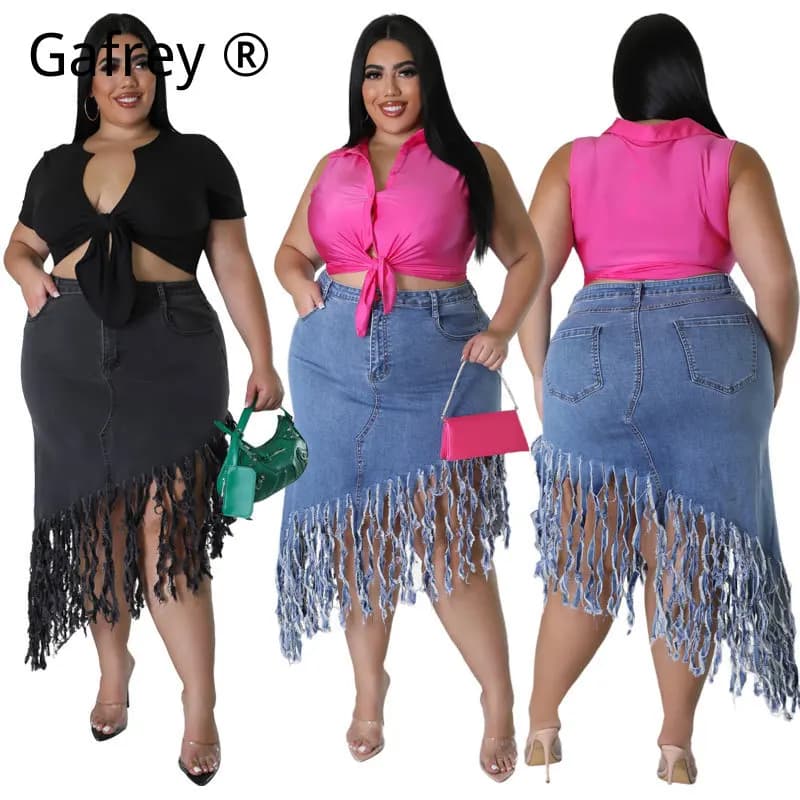 1XL 2XL 3XL Women's Denim skirt, new spring collection, with fringes and tassels, high waist, fashionable jeans skirt, casual, streetwear