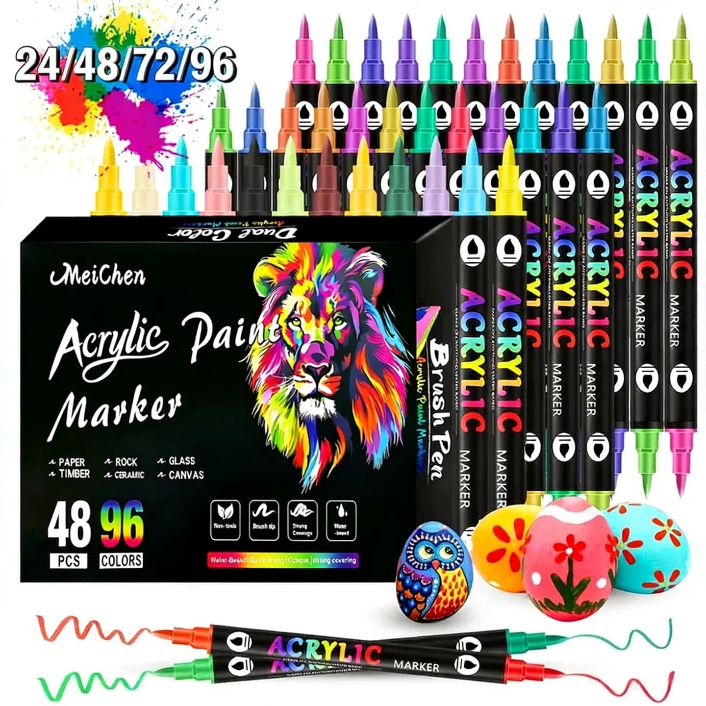 Set di Pennarelli Acrilici 24-96 Colori, Doppia Punta a Pennello, a Base d'Acqua, Non Tossici, Asciugatura Rapida per Roccia, Tela, Legno, Vetro, Ceramica