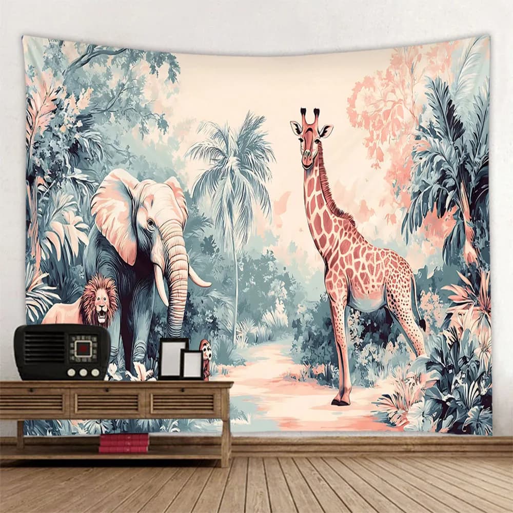 Warehouses with animals, flowers and birds, wall coverings for tropical rainforest, artistic decorative blankets, hippie sheets, tablecloths