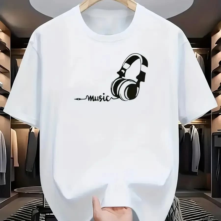 T-shirt a tema musicale con stampa cuffie e note musicali - Maglietta bianca casual a girocollo a maniche corte per DJ, musicisti e musicisti amatoriali