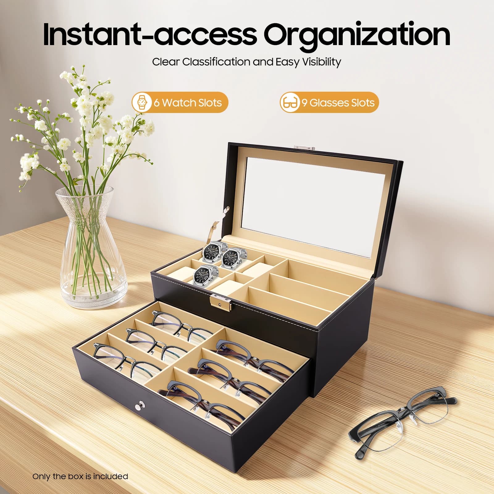 Box Clock holder with 9+6 compartments, Drawer for Glasses, Jewelry and Sunglasses, Case with Closure