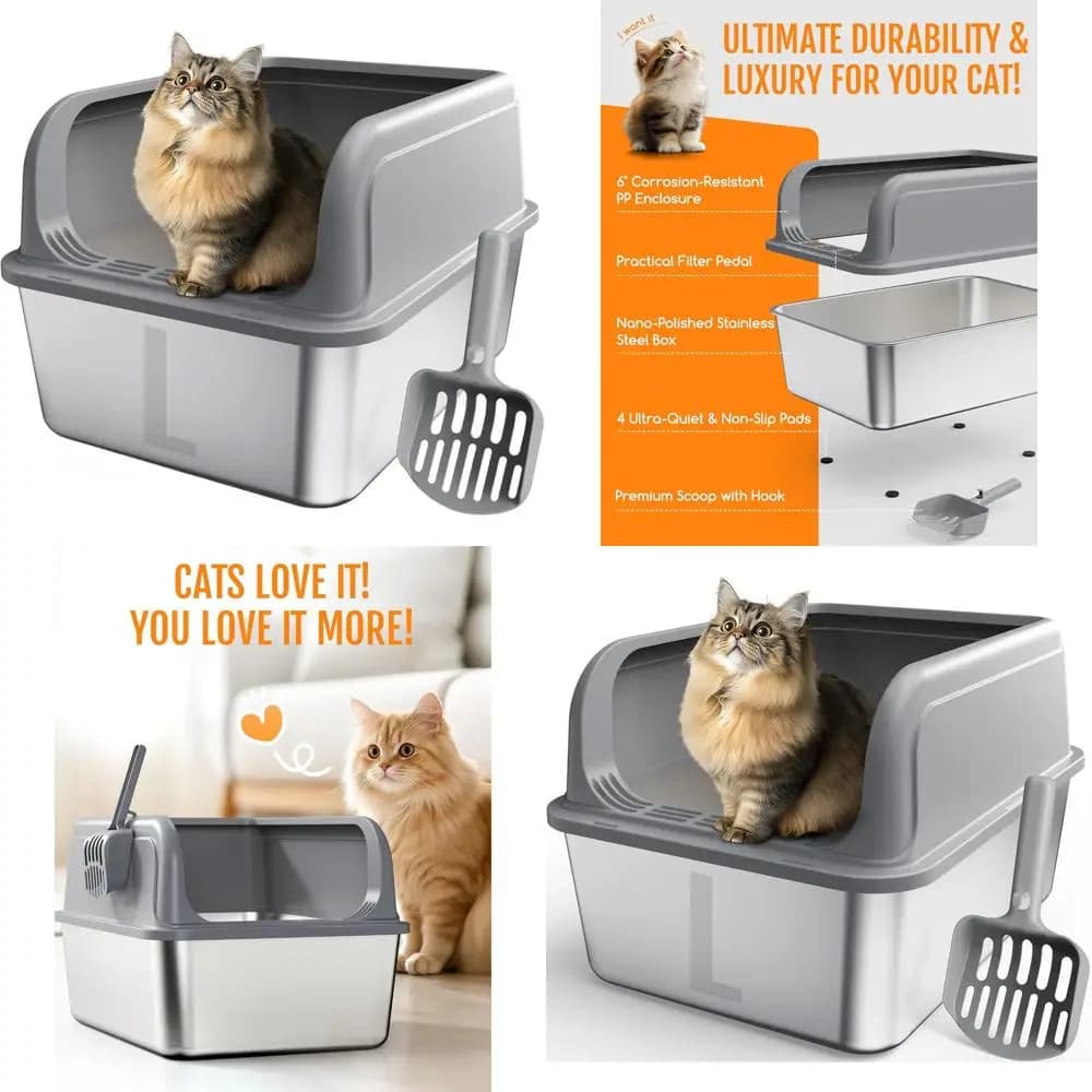 Lettiera per Gatti Grande in Metallo Grigio con Coperchio Anti-Perdita, Paletta Inclusa, Antiaderente e Facile da Pulire