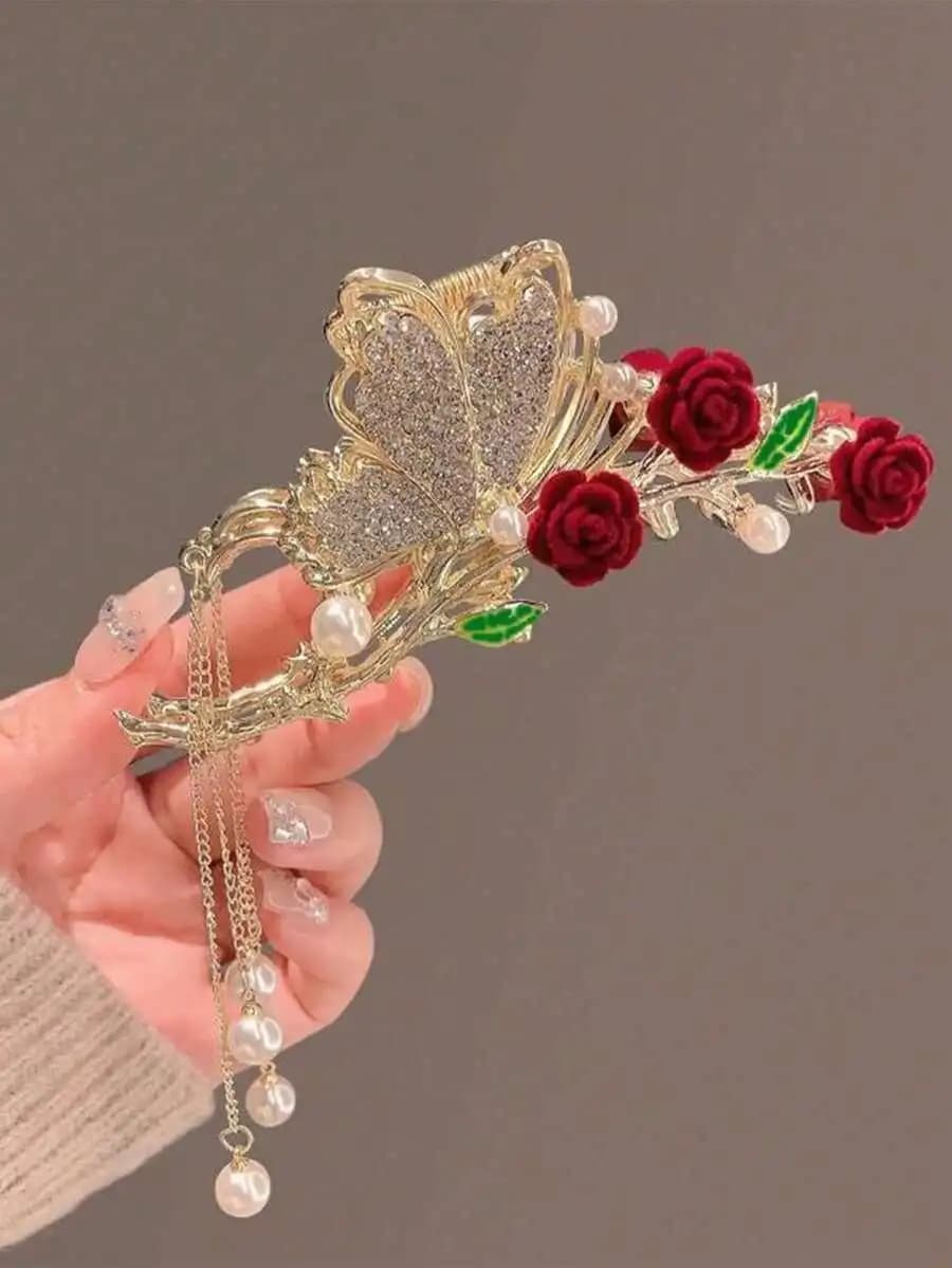 1pc Lady's Alloy Rhinestone Tassel Butterfly & Rose Hair Claw Clip Suitable For Daily Dressing Elegant Valentine's Day