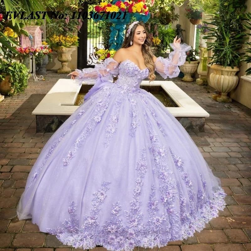 EVLAST Lucido Lavanda Abito di Sfera Abito Quinceanera Applique Floreale Che Borda Manica A Puffy Arco Dolce 16 Abiti Da 15 Anos SQ206