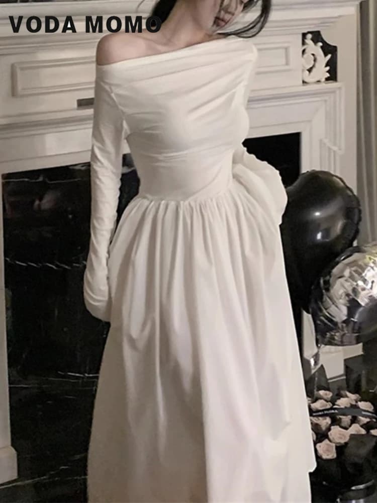 Spring Autumn Women Korean Off Shoulder Long Sleeve Birthday Robe Streetwear Corset Clothes Fashion Evening Party Solid Dress