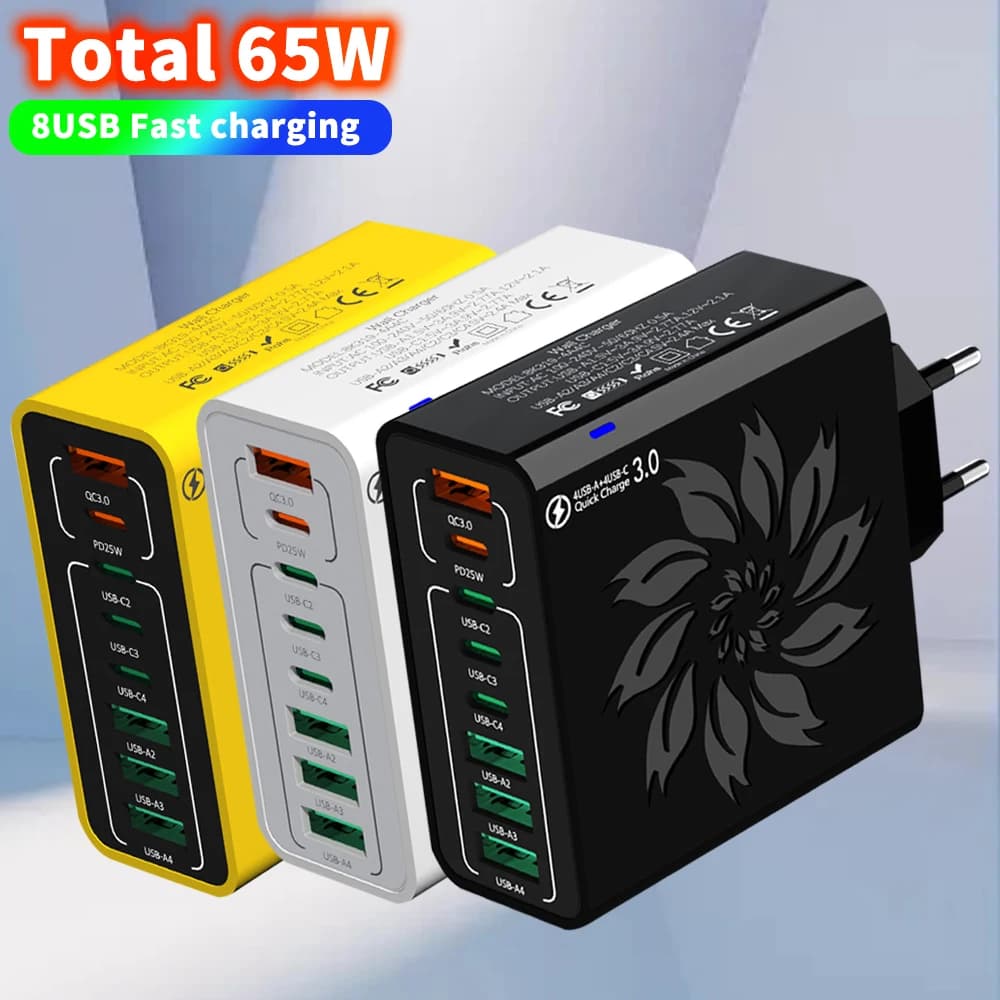 8 in 1 65W USB C Charger Fast Charging Quick Charge3.0 Mobile Phone Power Adapter For iPhone Xiaomi Samsung Phone Wall Charger