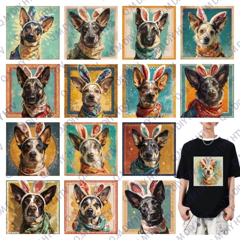 25cm&8cm Dog Wearing Rabbit Ear Headband Cute Animal Heat Transfer Sticker Oil Paint Art Sticker Clothing DIY Hot Press Sticker