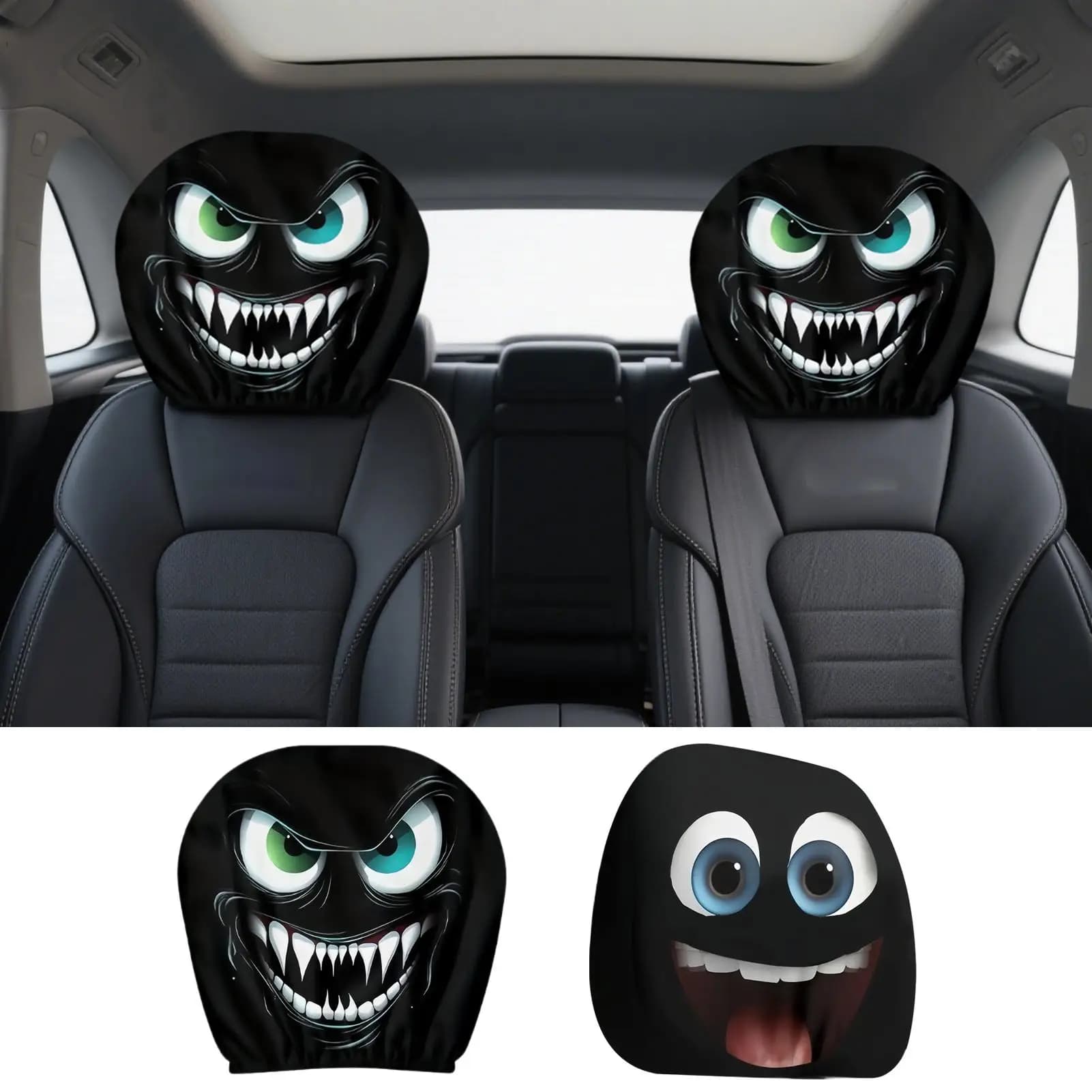 Copri poggiatesta per auto 2 pezzi Occhi grandi Protezione elastica per poggiatesta per seggiolino auto Copri poggiatesta elastico Decorazione Halloween