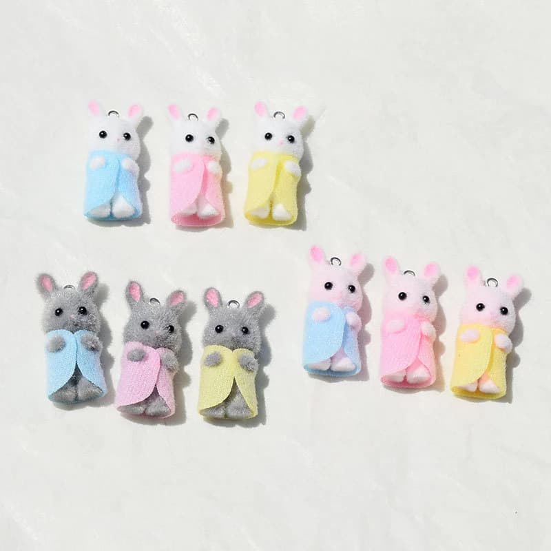 3 pezzi 3D floccaggio resina coniglio charms animali bambole di peluche ciondolo per orecchino portachiavi creazione di accessori gioielli fai da te ornamento