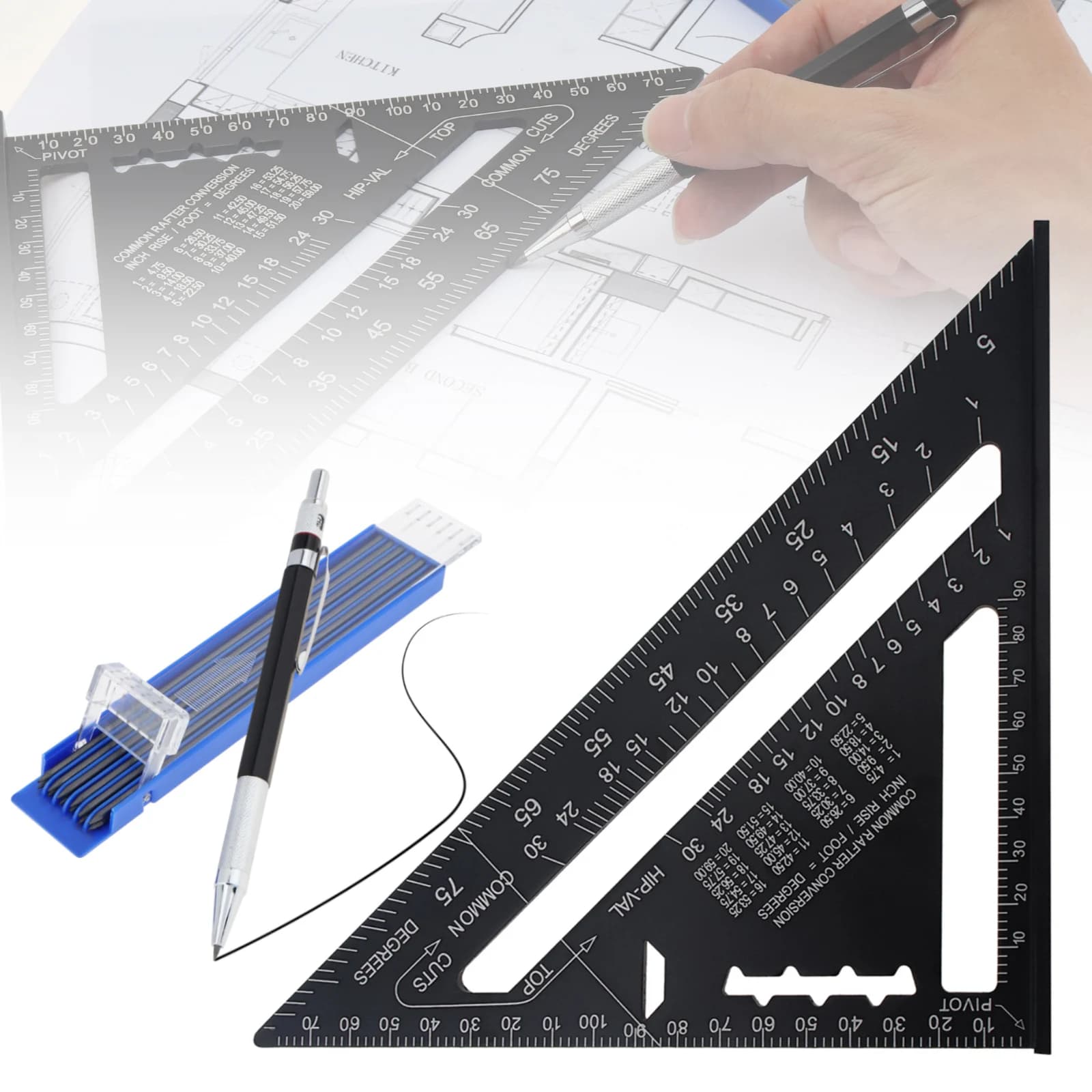Aluminum Alloy 7 inch Double Scale Triangle Ruler Tool Set with Pencil & Replacement Leads, Angle Square Rafter Measurement Tool