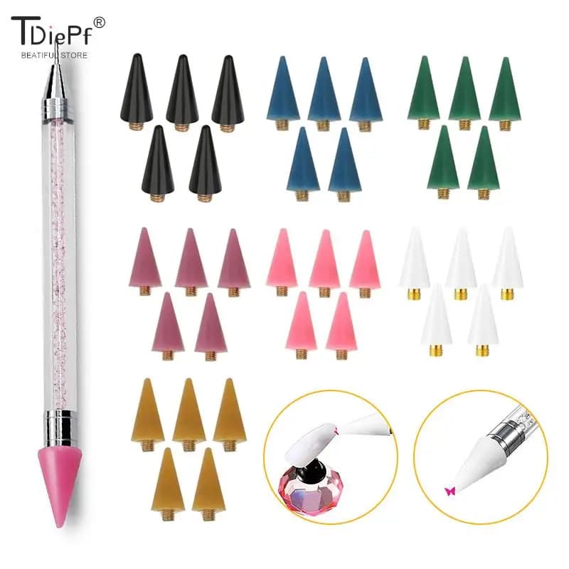 5Pcs Nail punteggiatura penna a cera sostituibile testa perline strass gemme Picker punteggiatura penna Manicure testa autoadesiva strumenti per Nail Art