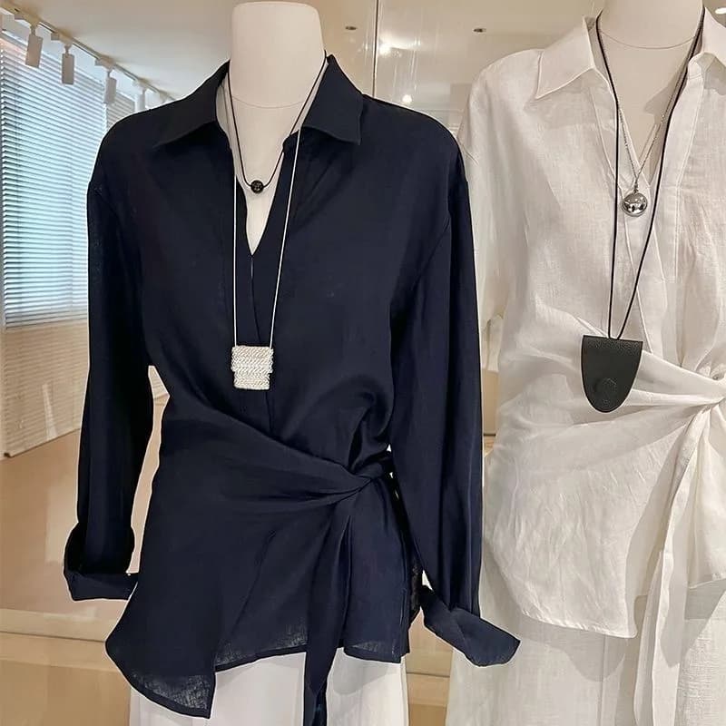 Camicia in Lino da Donna con Design Asimmetrico e Cintura in Stile Old Money, Manica Lunga, Casual, Comoda e Traspirante