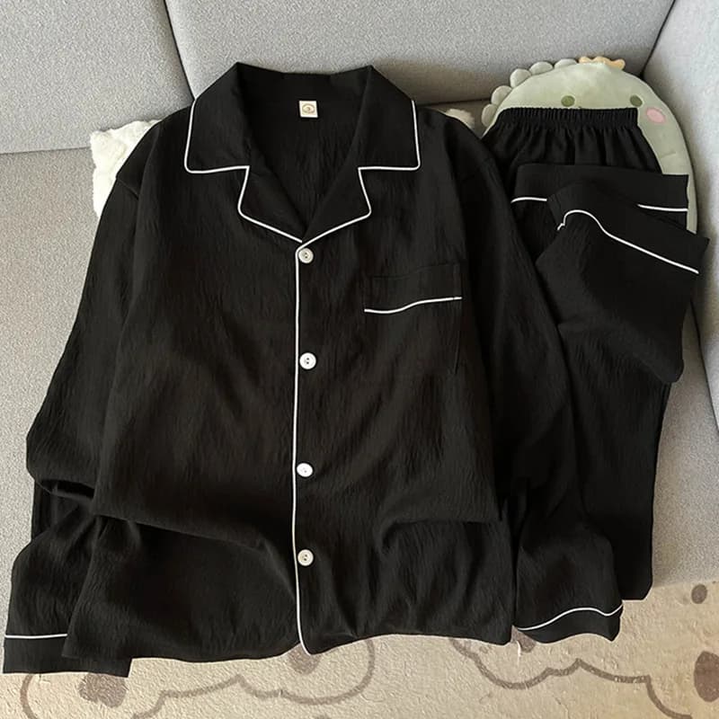 Men's Pure Cotton Yarn Pajama Set, Simple Black Long Sleeve Sleepwear for Spring & Autumn, Youth Homewear, Large Size Available