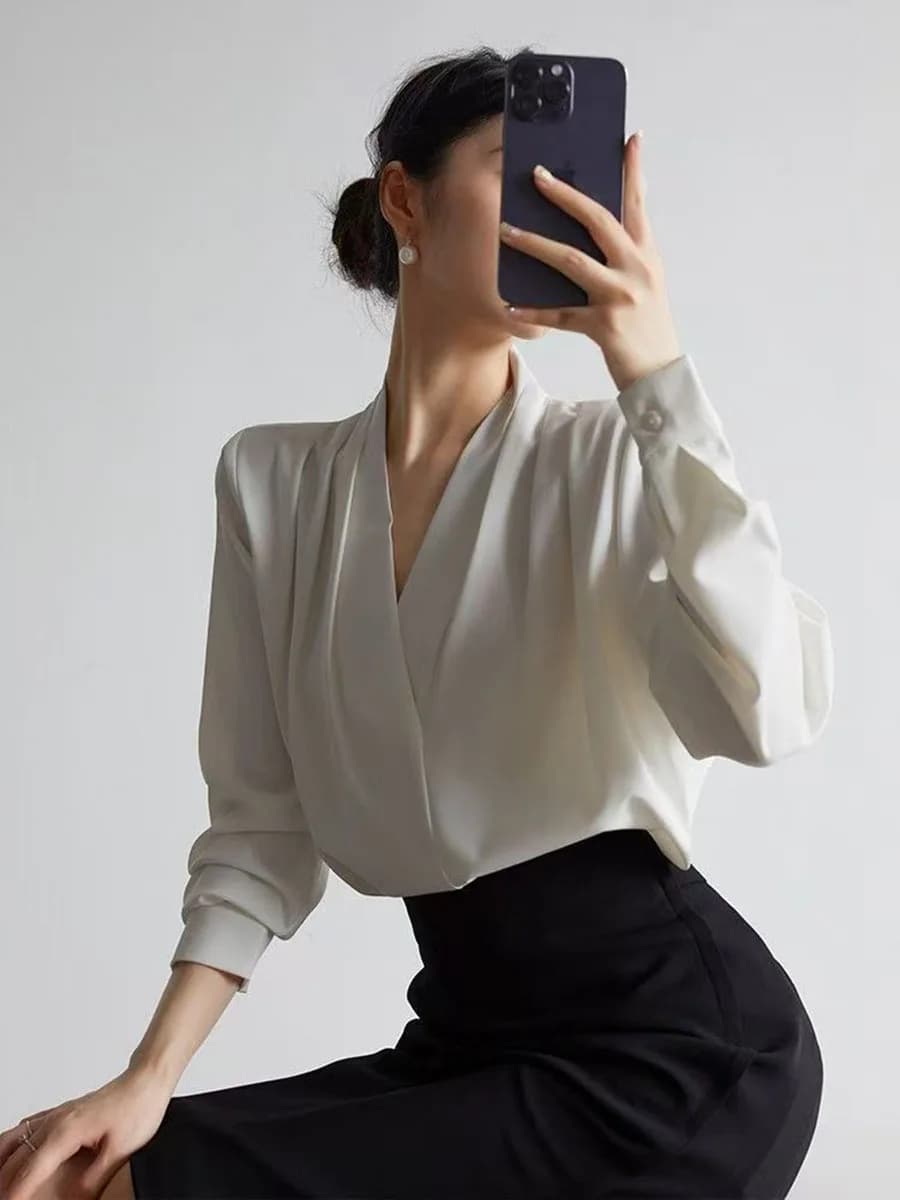 Autunno nuove donne chiffon bianco scollo a V camicetta a maniche lunghe temperamento bianco ufficio signora top elegante camicia pendolare femminile chic