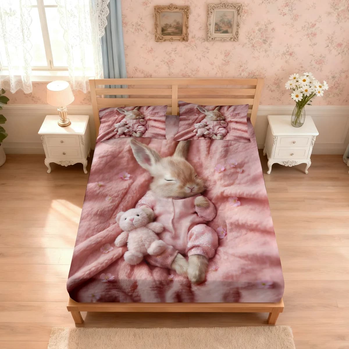 Set of 3 Bedding Sheets with Sleeping Rabbit Print, No Chip, Multi-Misura, Comfortable Bedcover, Bedroom Decoration