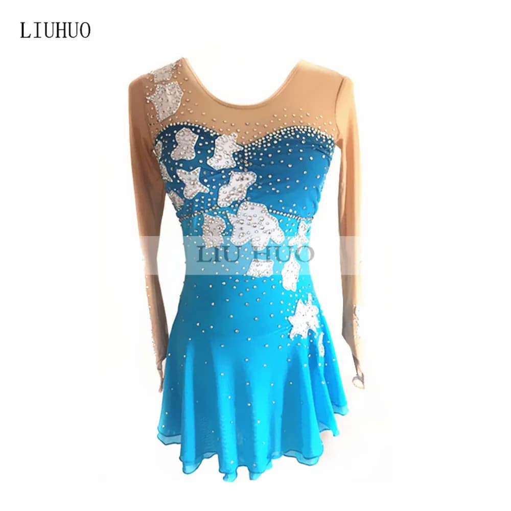 LIUHUO Vestito da Pattinaggio di Figura Donna Ragazza Prestazioni sul Ghiaccio Costume Concorso Body Danza Balletto Blu Bambini Adolescenti Gonna Aldult