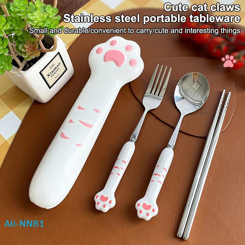 【N】 Set di posate per zampa di gatto carino Cucchiaio forchetta in acciaio inossidabile con scatola di immagazzinaggio Stoviglie Stoviglie Posate Pranzo Stoviglie portatili