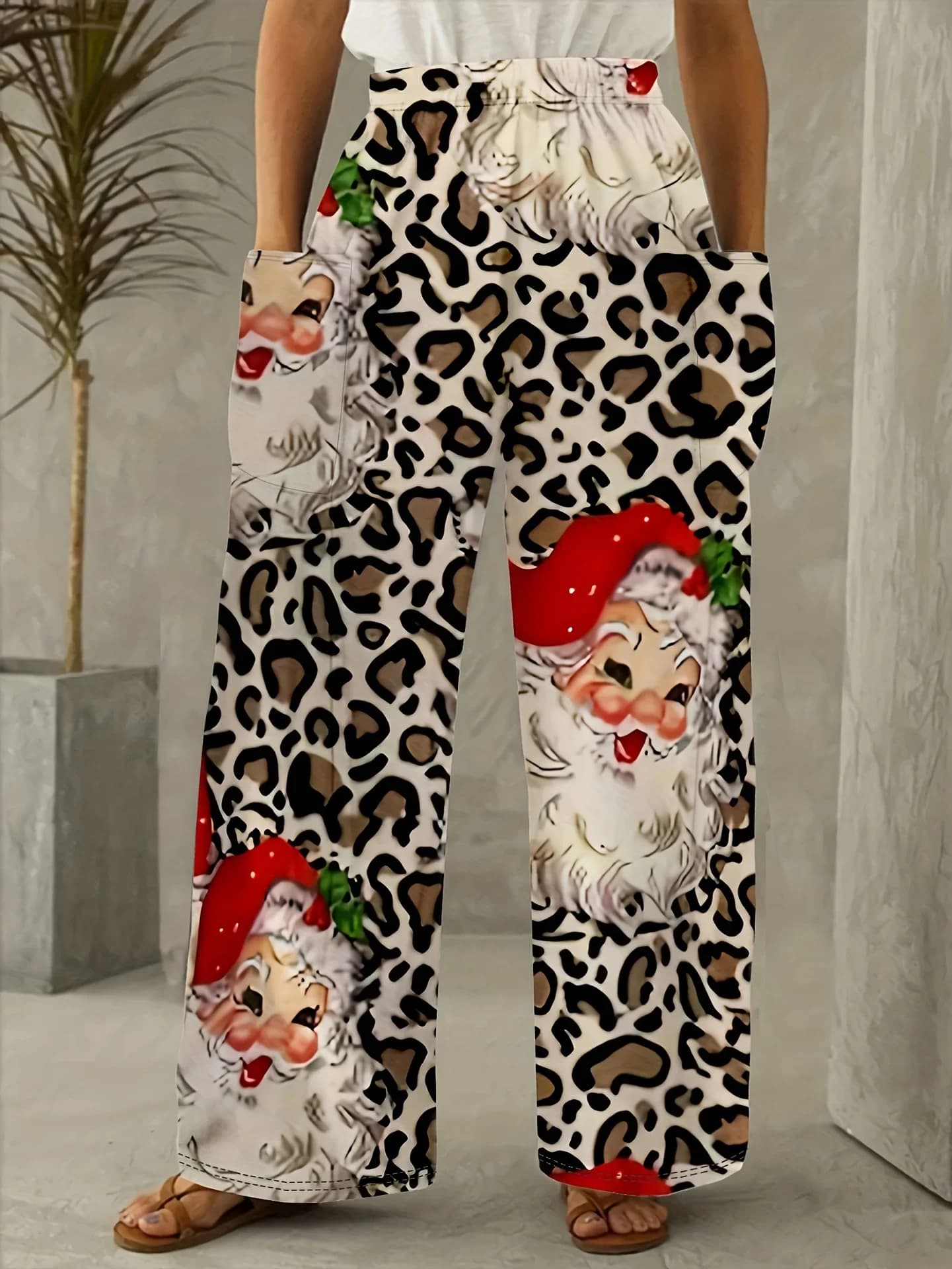 1XL-5XL Fashion Christmas Print Women's Pocket Seating Pants Pajamas Pants Free wide leg yoga pants casual