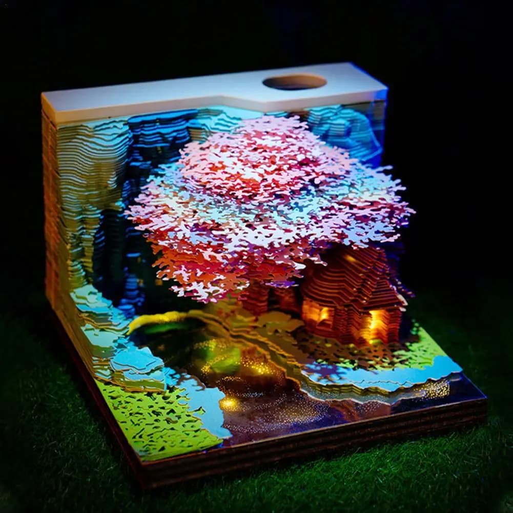 3D Memo Pad Tree House Four Season Tree Paper Carving Art Notepad With Pen Holder 3D Non-Stick Sticky Note DIY Paper Notes