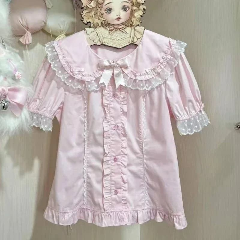 Camicie Lolita giapponesi Kawaii Donna Dolce volant Puff Manica corta Camicette sottili Donna Y2K Fiocco in pizzo Top carini Blusas Mujer