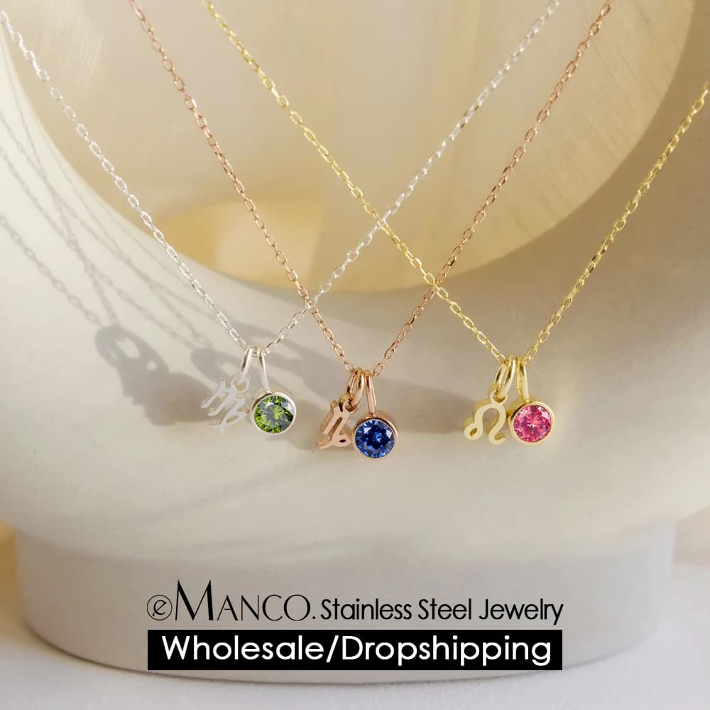 EManco Birthstone Constellation Double Pendant Necklace 12 Zirconia Stainless Steel Jewelry DIY Necklace Birthday Gift