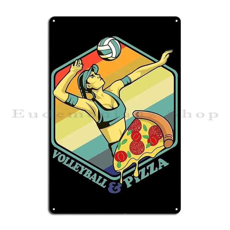 Insegna in Metallo Personalizzata con Ragazza Pallavolistessa e Pizza per Bar, Garage, Cinema, Poster in Latta