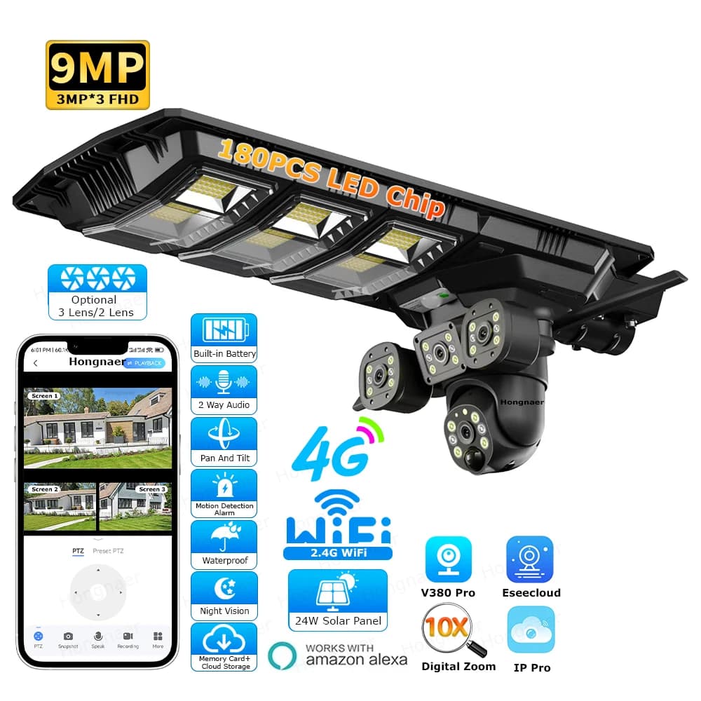 Telecamera di Sicurezza Solare Hongnaer 8/9MP Eseecloud V380 Pro 4K con Doppia/Trifocale Lente, WiFi, 4G e Scheda SIM, Lampione Solare con Telecamera