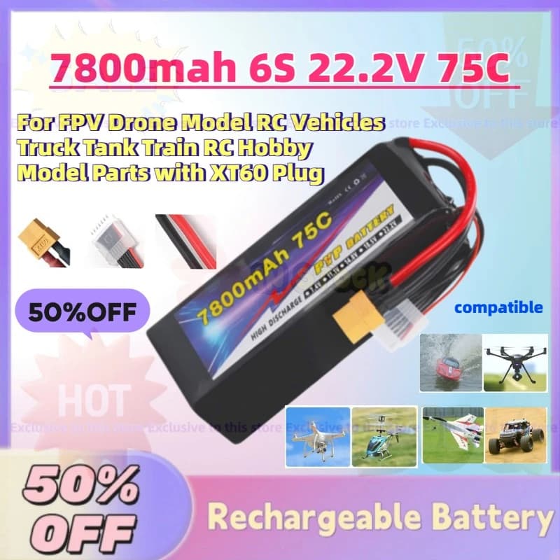 Batteria Lipo 7800mAh 6S 22.2V 75C per Droni FPV, Modelli RC, Camion, Carri Armati, Treni e Parti per Modellismo RC con Connettore XT60