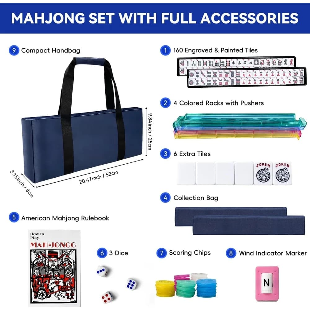 Set di Tessere Mahjong Americano, Set Completo di Mahjong Americano con Borsa, 166 Tessere Bianche con Borsa e Accessori, 4 Set Tutto in Uno