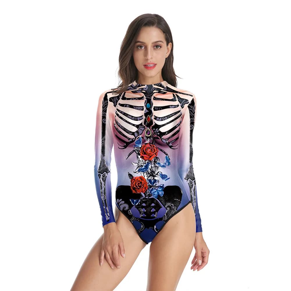 Iootiany Fiore Teschio Stampa Body da donna Estate Gioco di ruolo Sexy Scheletro Tuta Pantaloncini Set Beachwear Aderente Costumi da bagno 2025