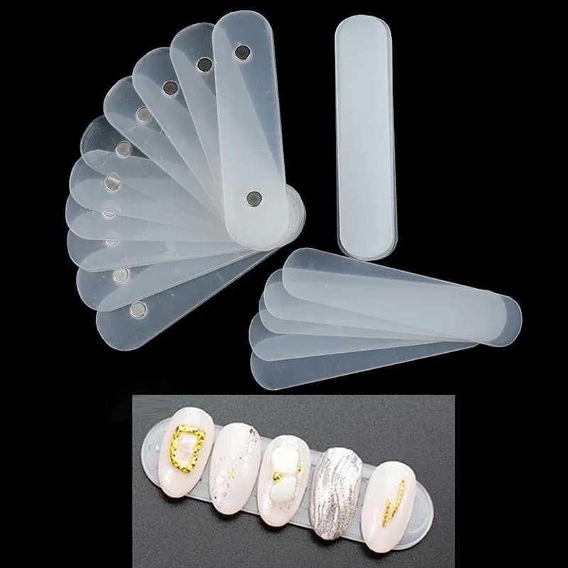 10/100PCS Faux Nail Tips Display with Magnet Transparent Practice Acrylic Gel Polish Holder Strip Manicure showing tools